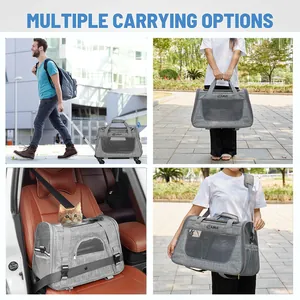 Vista dettagliata con quattro modi versatili per trasportare la borsa da viaggio per gatti.