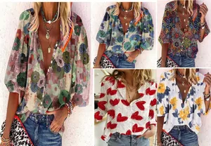 Various styles of women's printed blouses with bohemian floral and heart patterns.