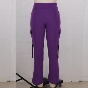 Detailed front view of purple high waisted yoga pants with cargo pockets on mannequin
