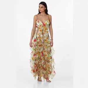 Elegant floral print chiffon maxi dress featuring layered ruffles and thin straps