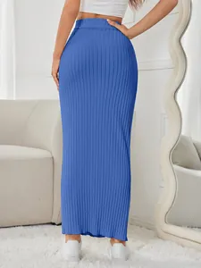 Detail showing the textured ribbing and back fit of this royal blue maxi skirt