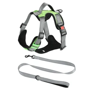Detail view of green mesh dog harness with durable grey straps and matching leash set