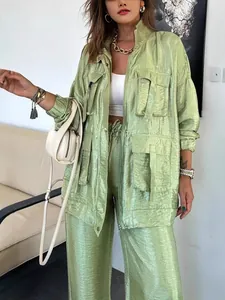 Women Metallic Cargo Set Long Sleeve Zip Up Jacket Multi Pocket Outerwear Loose Pants Top And Bottom Streetwear Outfit
