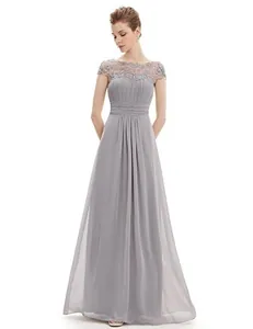 Elegant grey floor length bridesmaid evening dress featuring delicate lace bodice details
