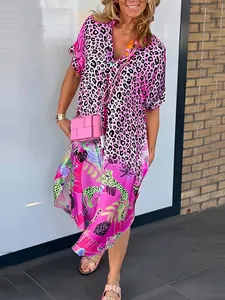 Stylish pink leopard and tropical print loose V-neck midi dress for summer fashion