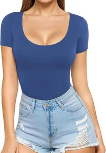 Women's slim fit low scoop neck short sleeve t-shirt in blue, close-up view of the fit