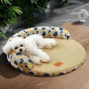 Summer Cooling Pet Mat Breathable Rattan Ice Silk Round Dog Bed Washable Cat Sleeping Pad Cushion With Padded Edge Indoor