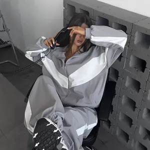 Women Color Block Casual Tracksuit Polyester Long Sleeve Zipper Jacket And Pants Set Fashion Sporty Outfit