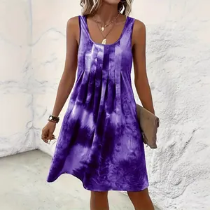 Robe courte sans manches violette à imprimé tie-dye plissée pour mode d'été femme