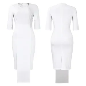 Front and back view of elegant white midi pencil dress with unique front panel detail