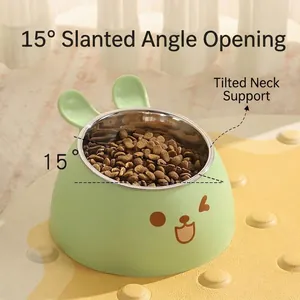 Cute green rabbit-eared stainless steel pet bowl with 15-degree tilted neck protection