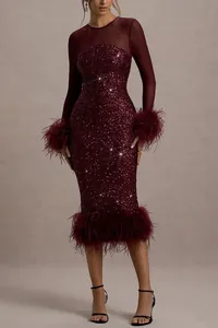 Elegant burgundy sequined party dress with sheer long sleeves and feather trims