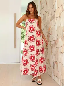 Strapless tube top maxi dress with vibrant red sun print for summer vacation