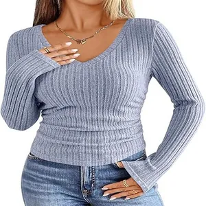 Detailed view of women's grey-blue V-neck slim fit long sleeve ribbed knit T-shirt.