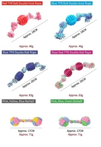 Collection of durable cotton rope dog toys with TPR balls and barbell shapes in various sizes