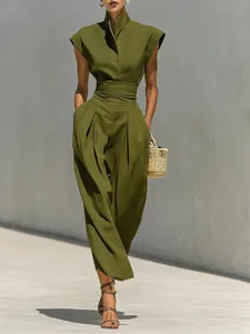 Elegant olive green two-piece women's commuter set with high waist wide-leg trousers