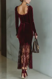 Back view of an elegant burgundy velvet dress featuring intricate lace patchwork details