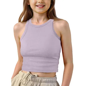 Detailed view of a young girl's lilac ribbed sleeveless crop tank top for summer