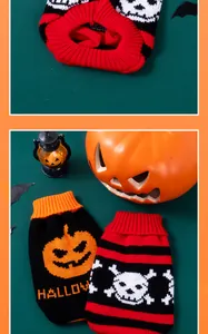 Dettaglio maglioni Halloween per animali con motivi a maglia di zucca e teschio