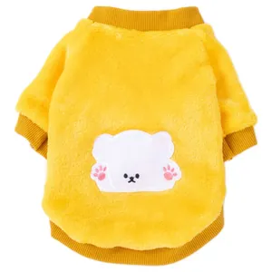 Warm yellow fleece pet sweater with cute bear patch for small dogs and cats in winter
