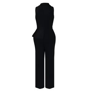 Back view of an elegant black sleeveless blazer-style wide-leg jumpsuit with peplum detail