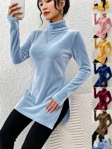 Damen Elegant Samt Rollkragen Pullover Langarm Seitenschlitz Schlanke Passform Unterhemd Top Einfarbig Bequeme Bürokleidung