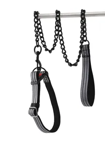 Close-up of a heavy-duty black chain dog leash with reflective padding on the handle and collar
