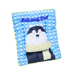 Blue checkered waterproof pet sleeping mat with cute husky cartoon for dogs and cats