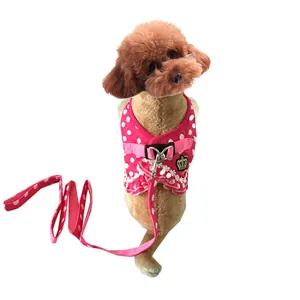 Dettaglio della pettorina a pois rosa e del set di guinzaglio per cani piccoli