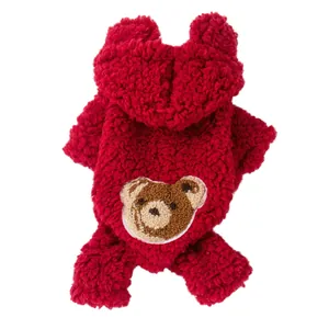 Cozy red winter pet fleece hoodie featuring a cute teddy bear patch for small dogs