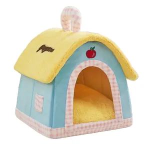 Enclosed luxury cat house villa with plush removable cushion and top handle for small pets