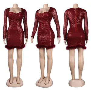 Three views of a sexy sequined wine red bodycon dress with feather trim and zipper