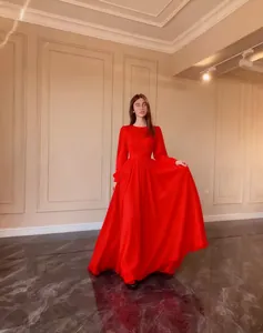 Elegant red pleated chiffon gown with long sleeves and large swing French court style