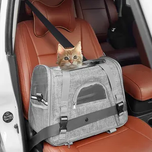 Grande trasportino grigio traspirante per gatti fissato al sedile auto con cintura