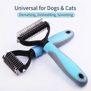 Professional pet de-matting comb tool for cats and dogs with blue ergonomic handle.