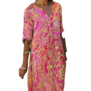 Elegant V-neck midi dress with vibrant pink and yellow paisley floral print
