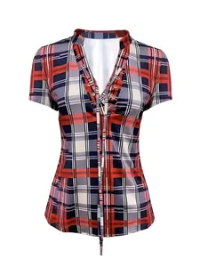Women's plaid print top featuring a V-neckline and adjustable front lace-up detailing.