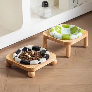 Ceramic Chessboard Pet Bowl With Oak Wood Stand Elevated Cat Dog Feeder Anti-Tip Neck Protection Water Food Bowl Set Modern Home Pet Feeding Supplies