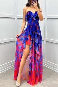 Vibrant blue and red floral mesh strapless dress with a layered ruffled high-low hem
