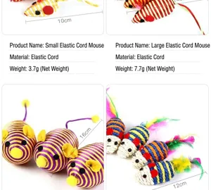 Detailed specifications and dimensions for different types of elastic cat mouse toys