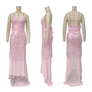 Front, side, and back views of a pink V-neck sequin backless mermaid evening gown on a mannequin.