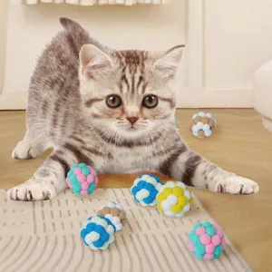 Interactive Cat Toy Ball Plush Bouncy Ball with Built-in Bell Colorful Pom Pom Ball for Kitten Indoor Exercise Pet Toy