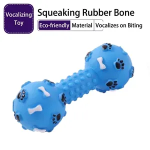 Blue dumbbell-shaped squeaky dog toy with textured paw and bone patterns