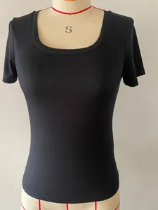 Detailed view of a women's black ribbed slim-fit short-sleeved T-shirt with a square neck