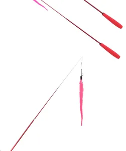 Close-up detail of a red telescopic cat teaser wand with a fuzzy pink caterpillar lure