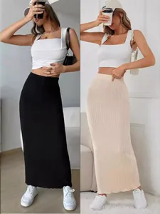 Women's Ribbed Knit Bodycon Maxi Skirt High Waist Elastic Long Pencil Skirt Casual Elegant Slim Fit Solid Bottoms