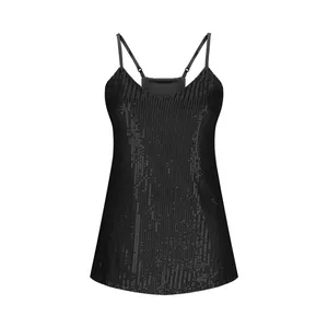 Detailed view of elegant women's black V-neck sequined tank top with adjustable straps