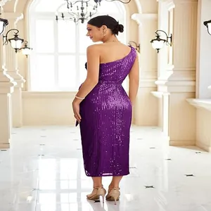 Elegant purple one-shoulder sequined cocktail dress with a sparkling wrap silhouette.