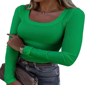 Detail view of a vibrant green ribbed long sleeve square neck slim fit T-shirt for women