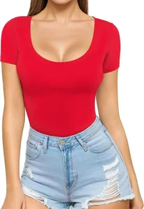 Close-up of a vibrant red low scoop neck slim fit short sleeve T-shirt for women